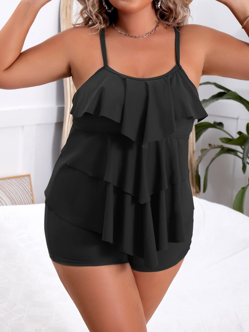 B2prity Women Plus Size Tankini Swimsuits Tummy Control Two Piece Bathing Suit Ruffled Flounce Swimwear with Shorts Black - Image 4